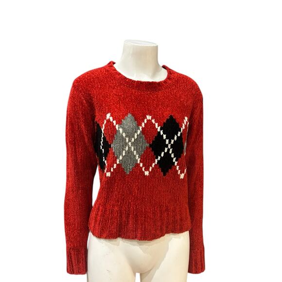 Vintage 90s Red Argyle Chenille Sweater Cozy Retro Knit Pullover / l Medium - - Picture 1 of 4